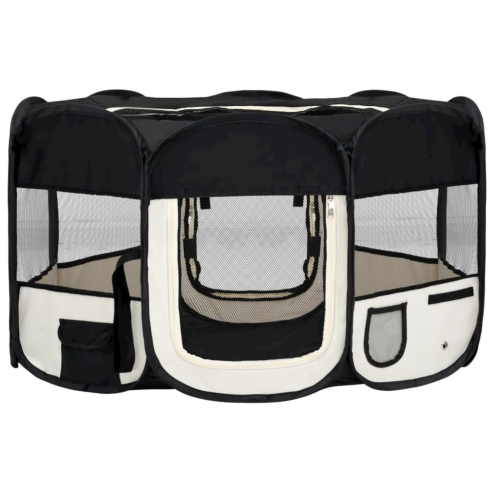 Dog Playpen Black and Cream Polyester Foldable Dog Playpen