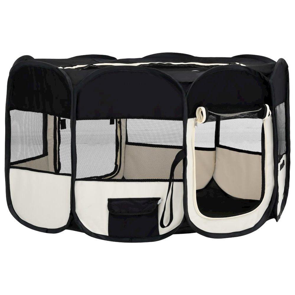 Dog Playpen Black and Cream Polyester Foldable Dog Playpen