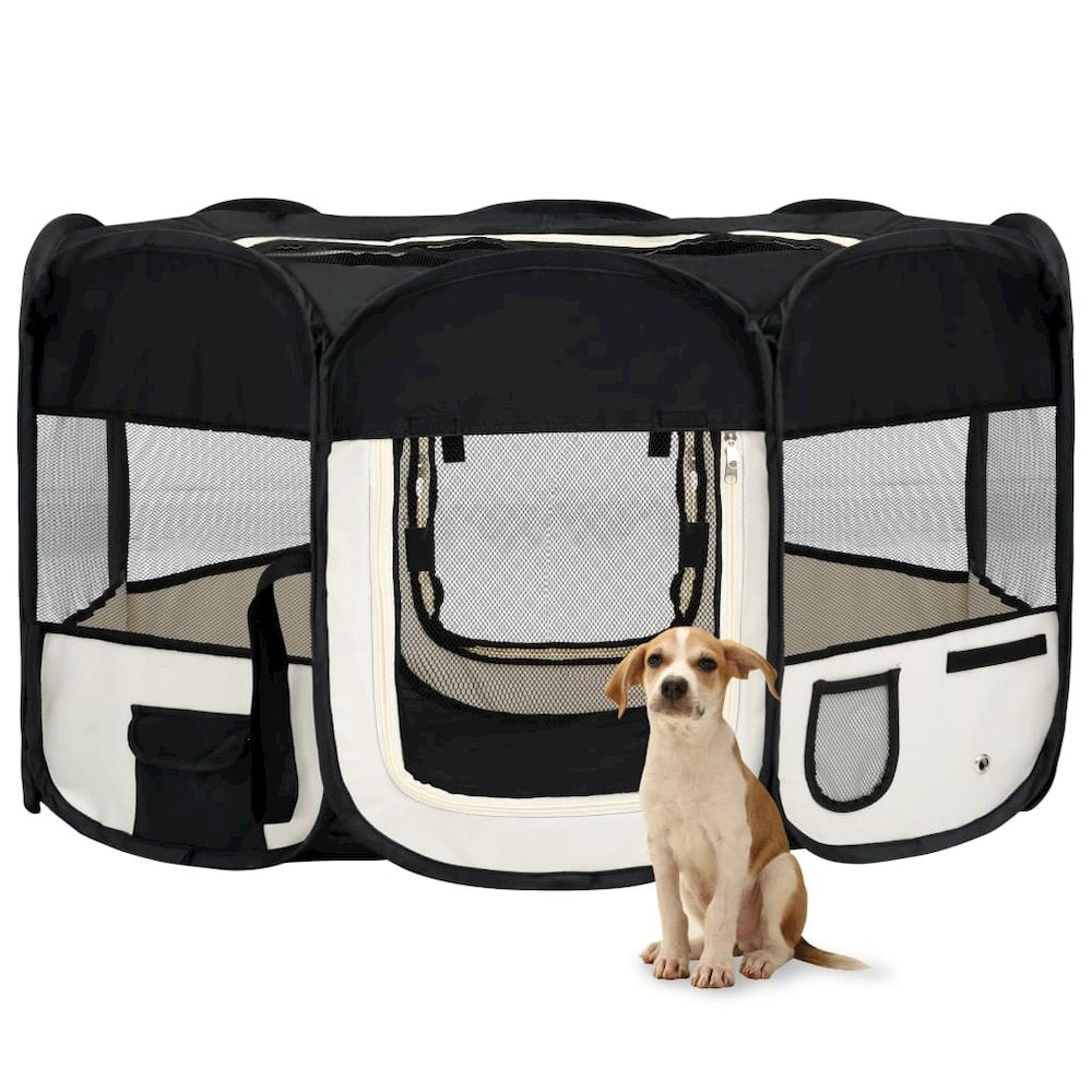 Dog Playpen Black and Cream Polyester Foldable Dog Playpen