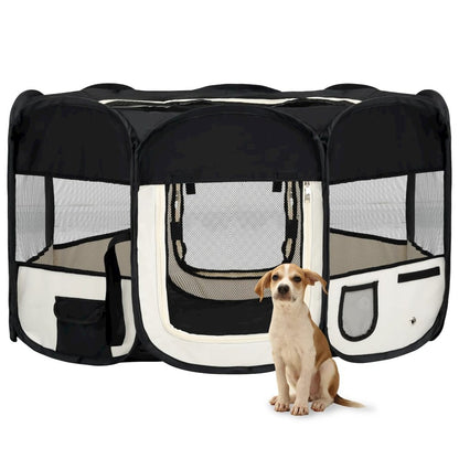 Dog Playpen Black and Cream Polyester Foldable Dog Playpen