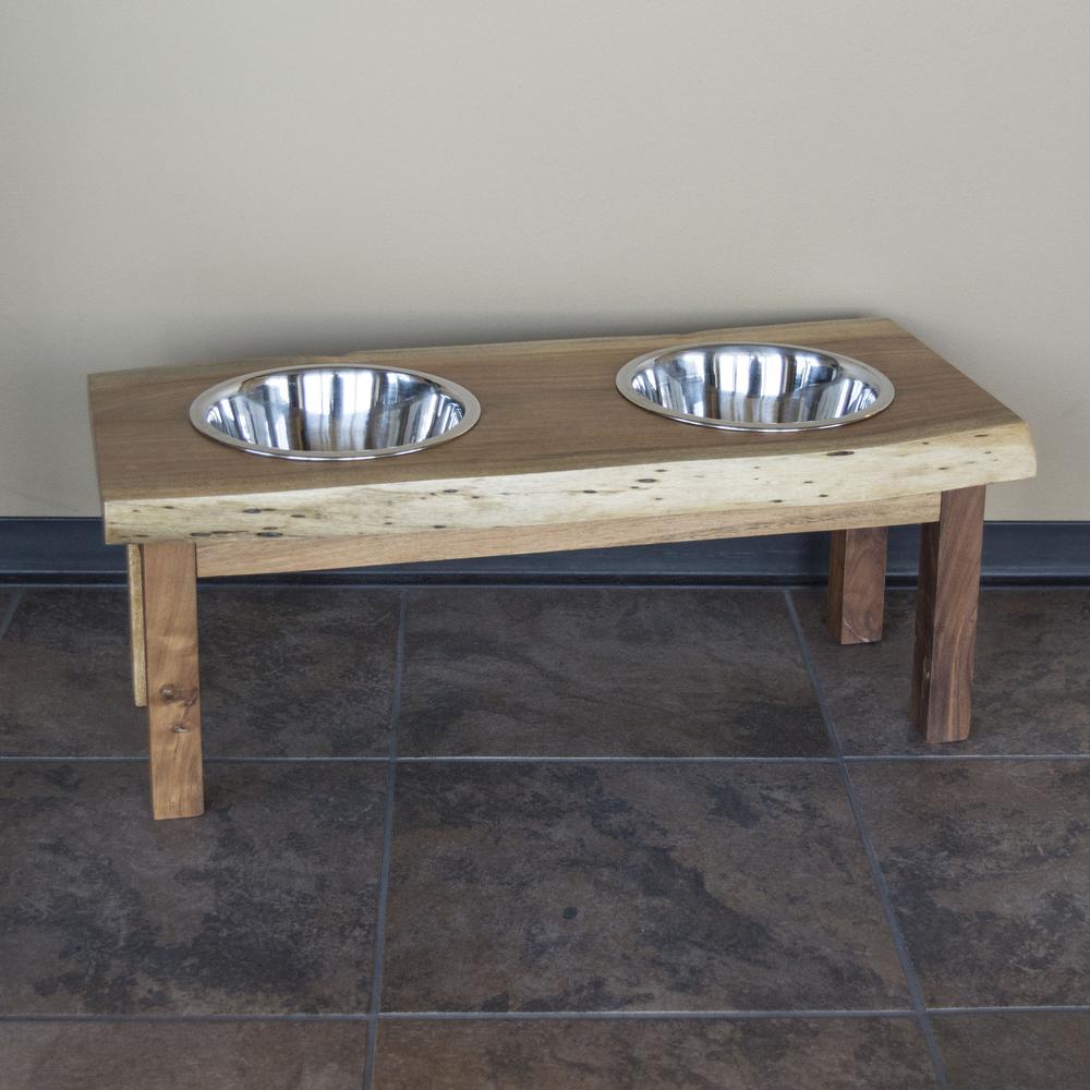 AmeriHome Acacia Wood Live Edge Double Bowl Pet Feeder Stand