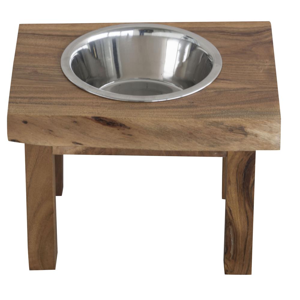 AmeriHome Acacia Wood Live Edge Single Bowl Pet Feeder Stand