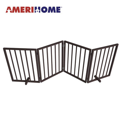 AmeriHome 72 inch Freestanding 4-Panel Folding Wood Pet Gate - Brown