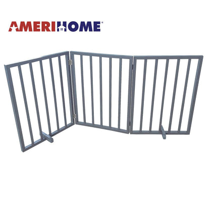 AmeriHome 54 inch Freestanding 3-Panel Folding Wood Pet Gate - Grey