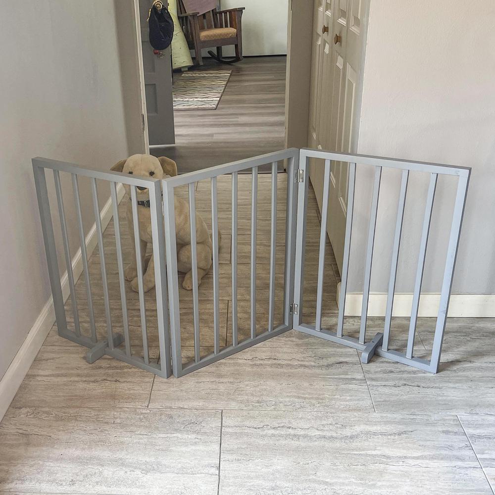 AmeriHome 54 inch Freestanding 3-Panel Folding Wood Pet Gate - Grey