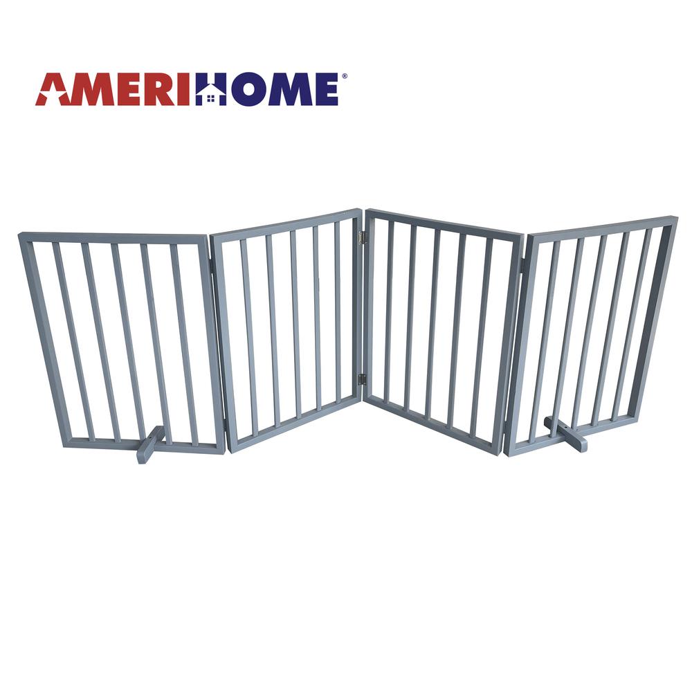 AmeriHome 72 inch Freestanding 4-Panel Folding Wood Pet Gate - Grey