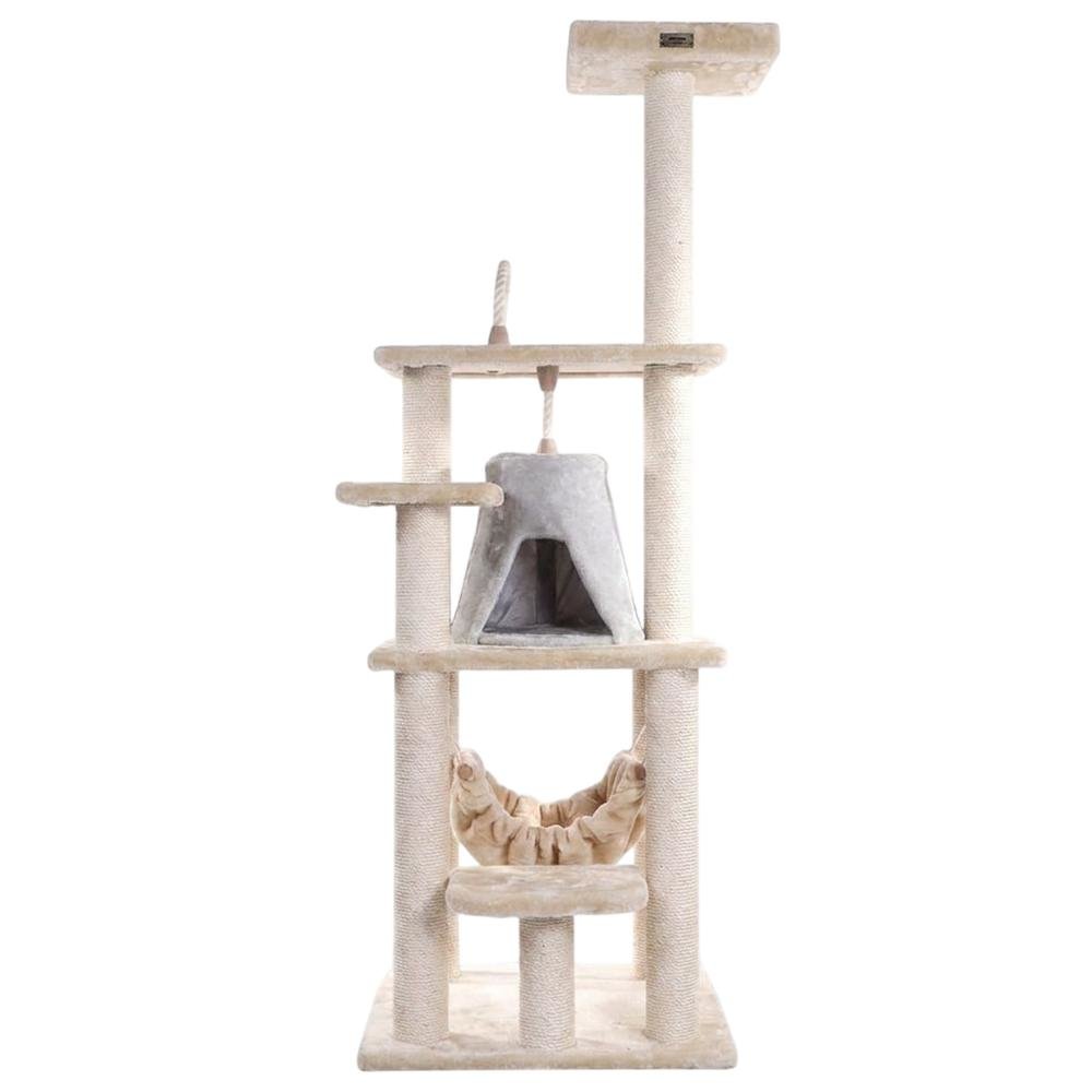 Faux Fur Cat Tree with Sisal Rope Posts, Hammock and Soft-Side Playhouse