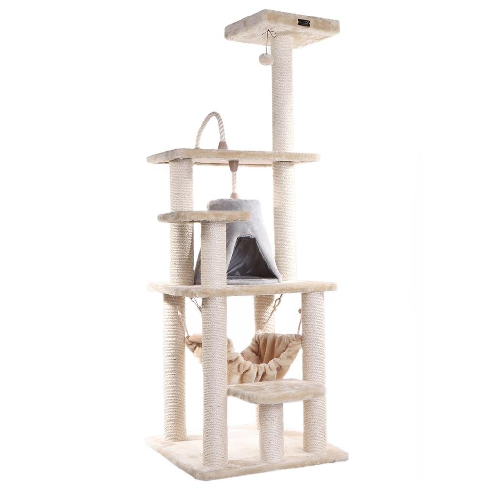 65" Real Wood Cat Tree With Sisal Rope, Hammock, Soft-Side Playhouse
