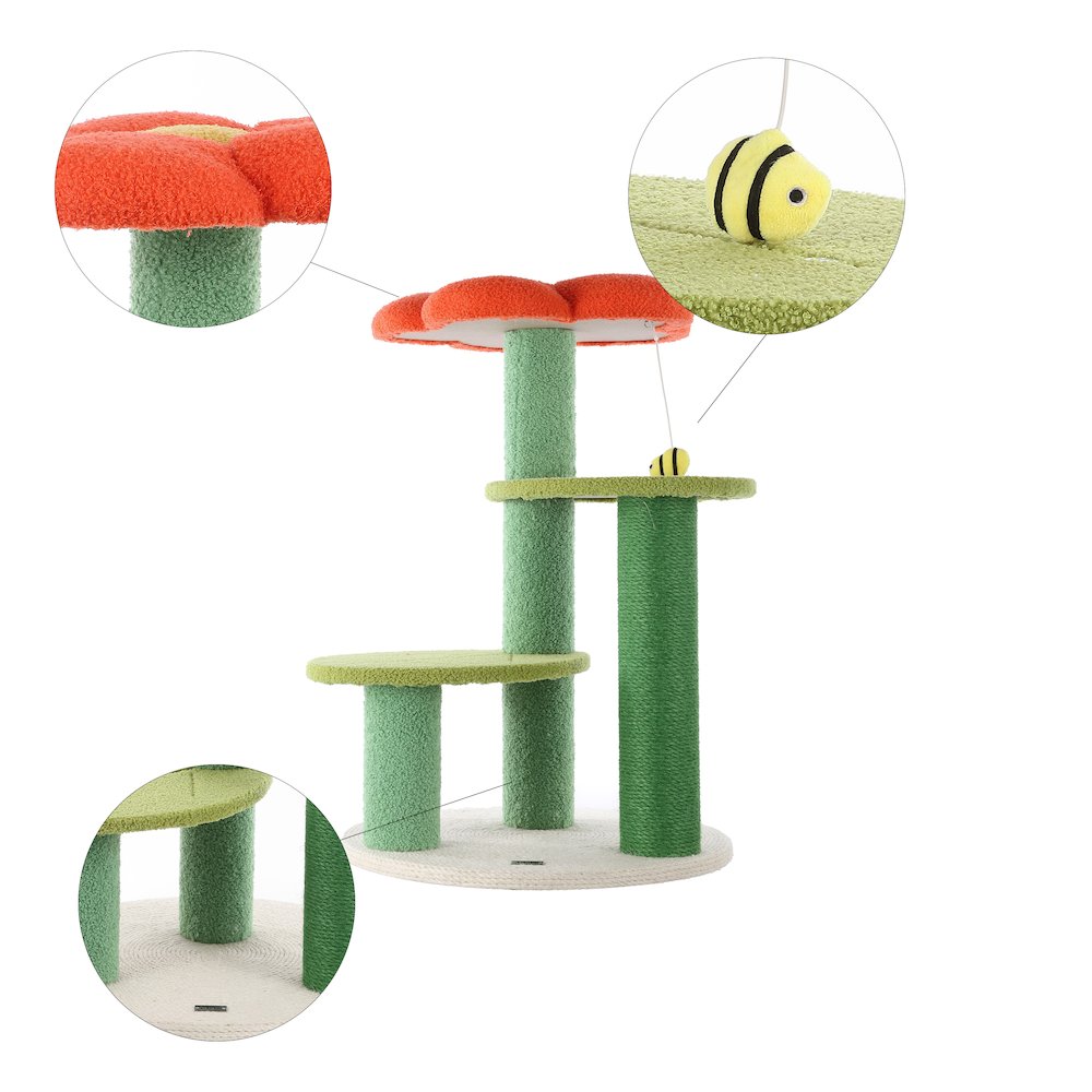 Poppy 3-Tier Modern Jute Flower Cat Tree With Dangling Toy