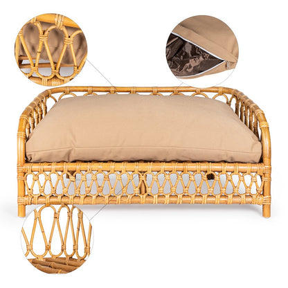 Elevated Bohemian Handwoven Rattan Dog Daybed With Machine-Washable Cushion
