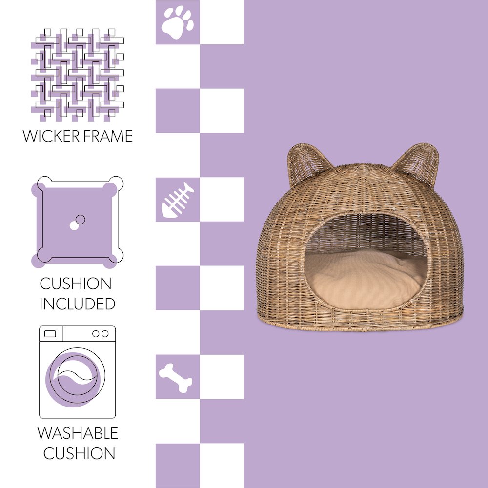 Cat Ear Coastal Handwoven Rattan Cat Bed With Machine-Washable Cushion