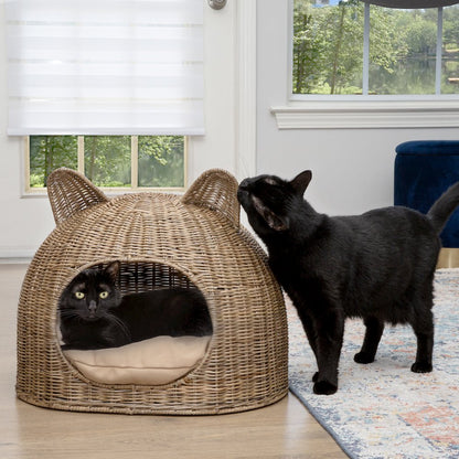 Cat Ear Coastal Handwoven Rattan Cat Bed With Machine-Washable Cushion