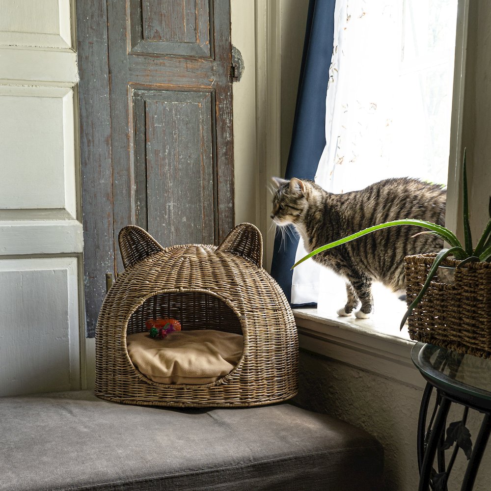 Cat Ear Coastal Handwoven Rattan Cat Bed With Machine-Washable Cushion