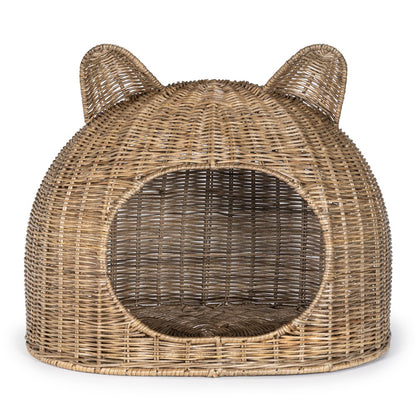 Cat Ear Coastal Handwoven Rattan Cat Bed With Machine-Washable Cushion
