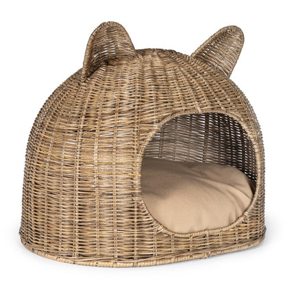 Cat Ear Coastal Handwoven Rattan Cat Bed With Machine-Washable Cushion