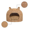 Cat Ear Water Hyacinth Pet Bed with Machine-Washable Cushion, Light Brown