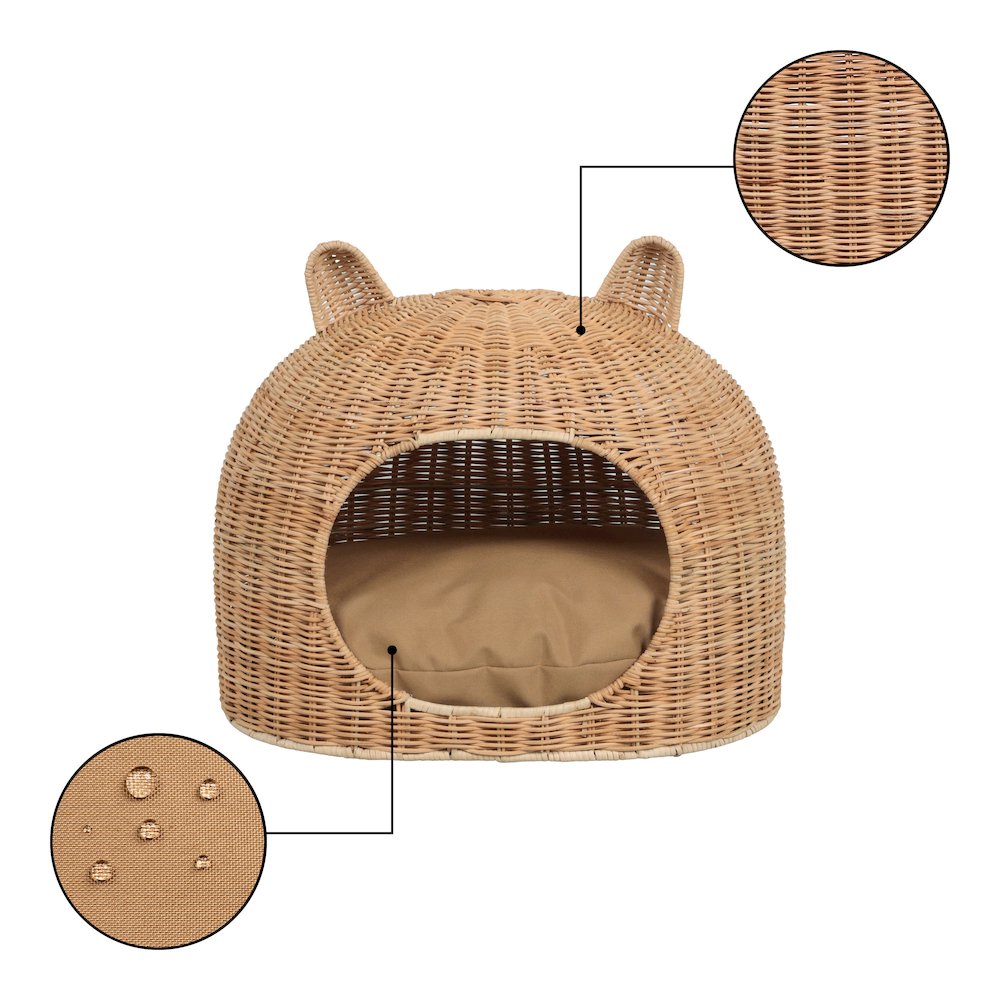 Cat Ear Water Hyacinth Pet Bed with Machine-Washable Cushion, Light Brown