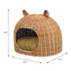 Cat Ear Water Hyacinth Pet Bed with Machine-Washable Cushion, Light Brown