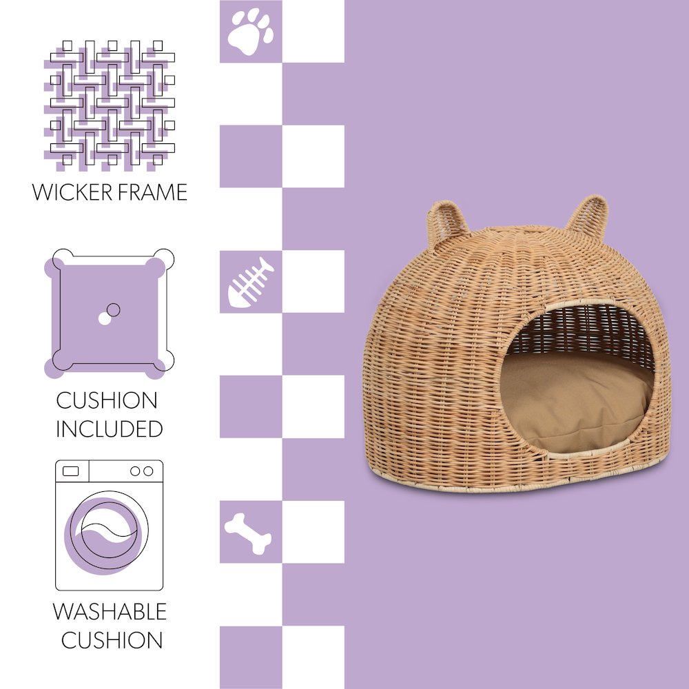 Cat Ear Water Hyacinth Pet Bed with Machine-Washable Cushion, Light Brown