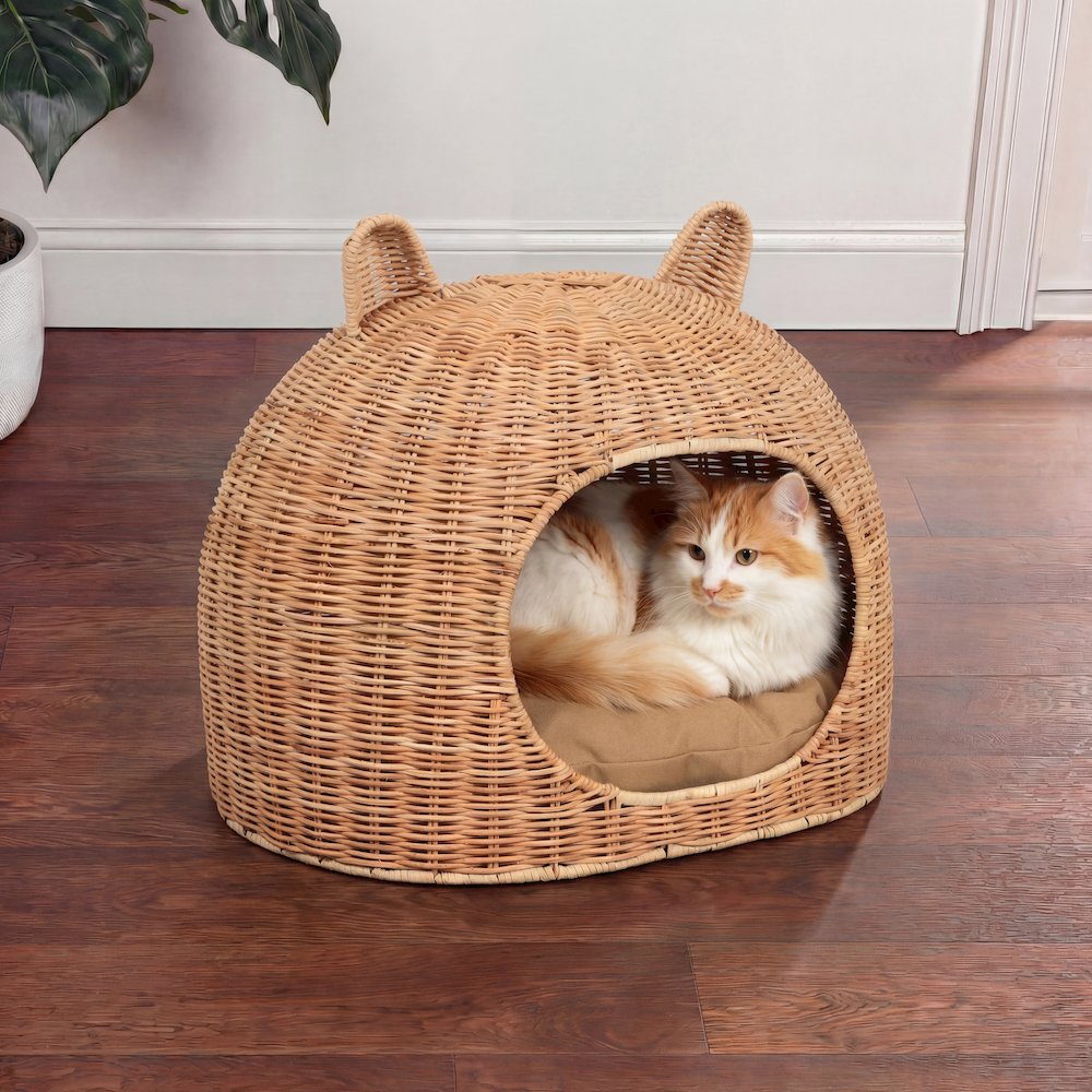 Cat Ear Water Hyacinth Pet Bed with Machine-Washable Cushion, Light Brown