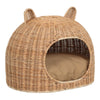 Cat Ear Water Hyacinth Pet Bed with Machine-Washable Cushion, Light Brown