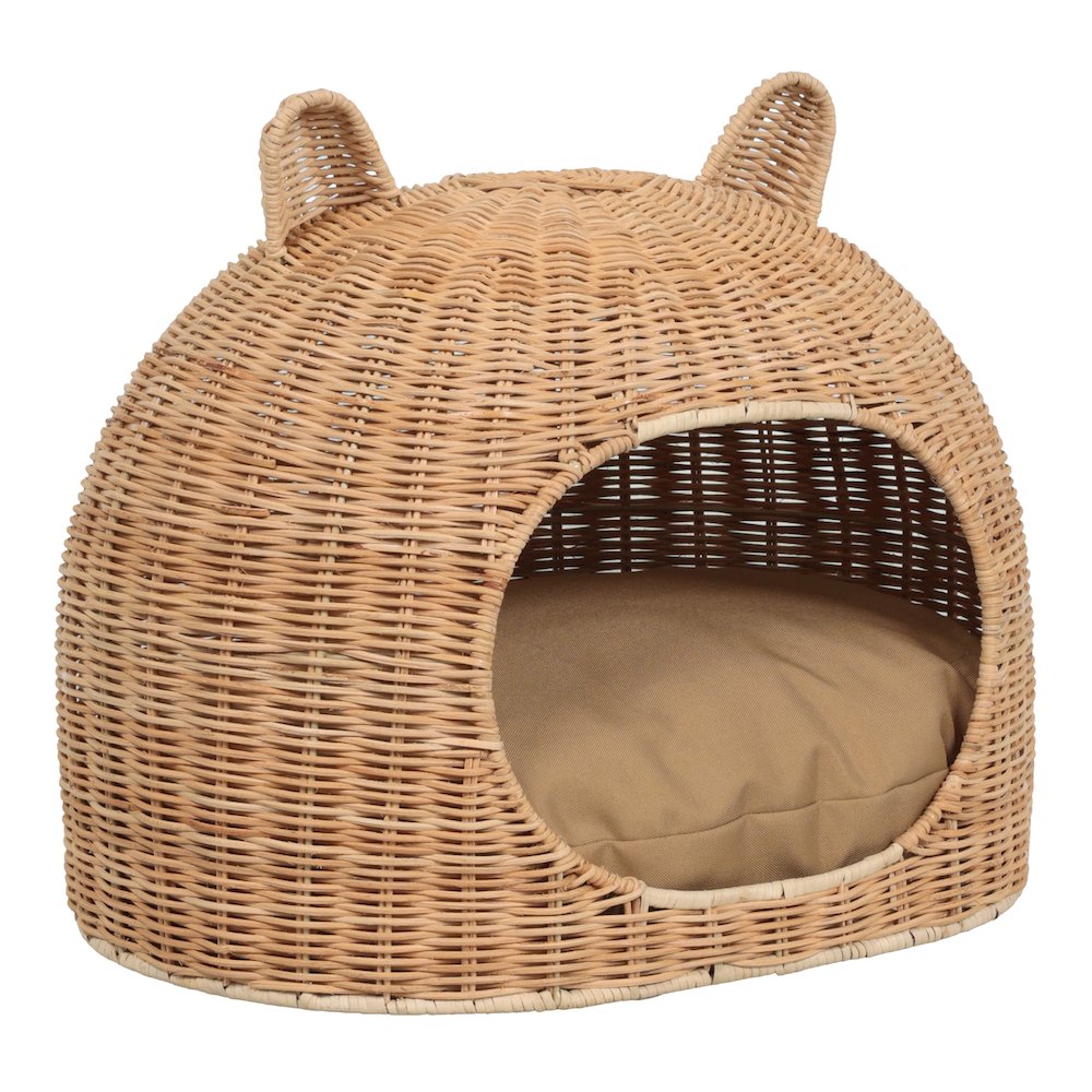 Cat Ear Water Hyacinth Pet Bed with Machine-Washable Cushion, Light Brown
