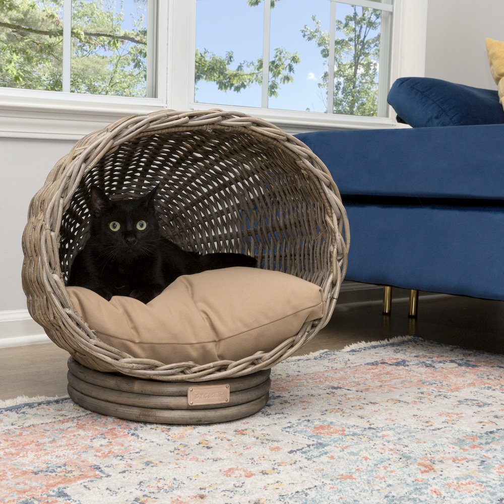 Socket Dome Bohemian Handwoven Rattan Cat Bed With Machine-Washable Cushion