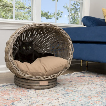 Socket Dome Bohemian Handwoven Rattan Cat Bed With Machine-Washable Cushion