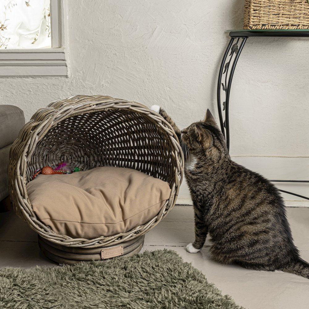 Socket Dome Bohemian Handwoven Rattan Cat Bed With Machine-Washable Cushion