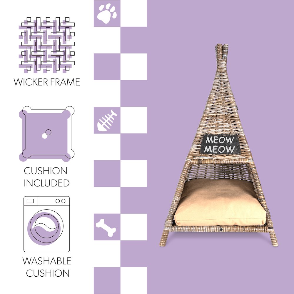 Tiki Tent Coastal Handwoven Rattan Cat Bed With Machine-Washable Cushion