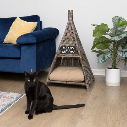 Tiki Tent Coastal Handwoven Rattan Cat Bed With Machine-Washable Cushion