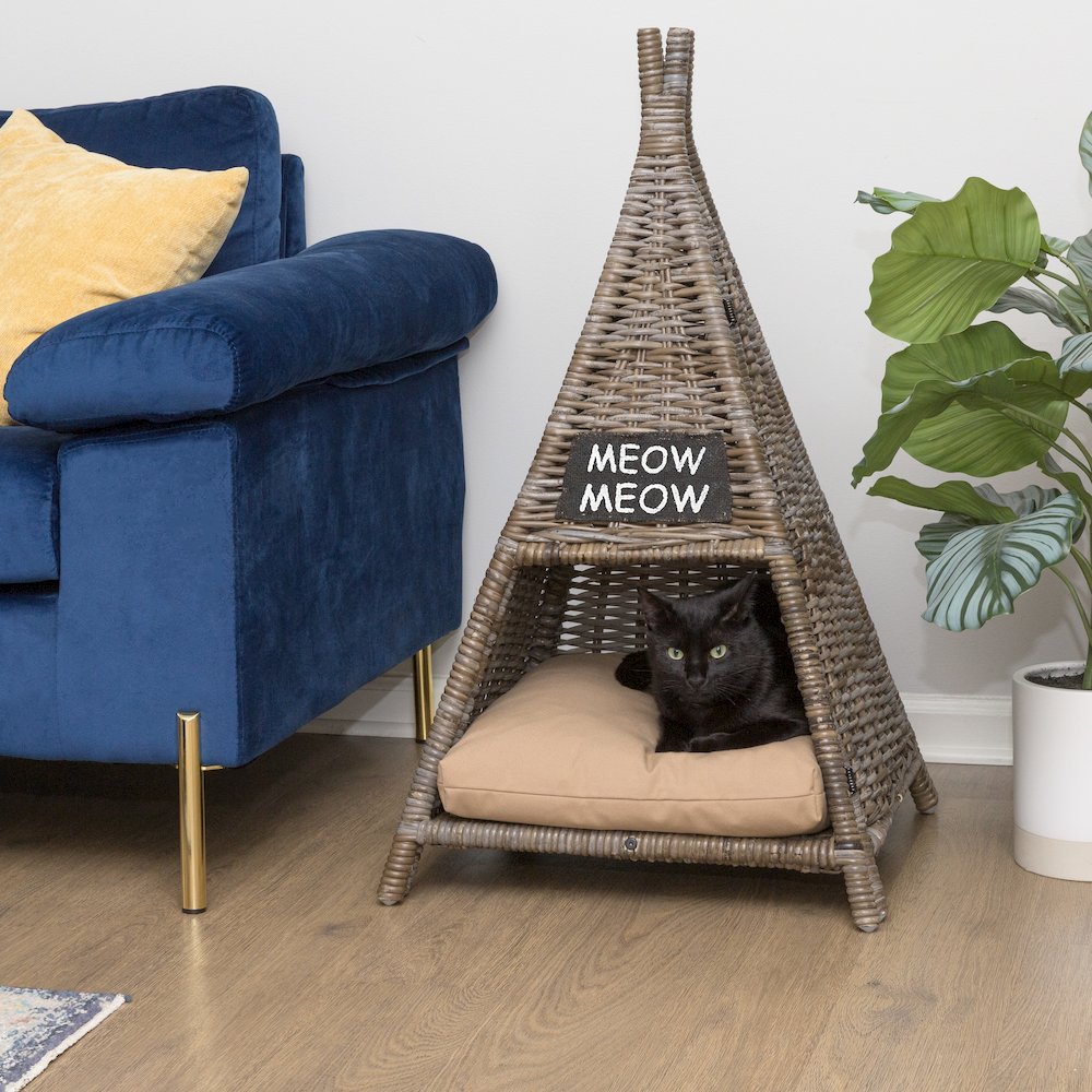 Tiki Tent Coastal Handwoven Rattan Cat Bed With Machine-Washable Cushion