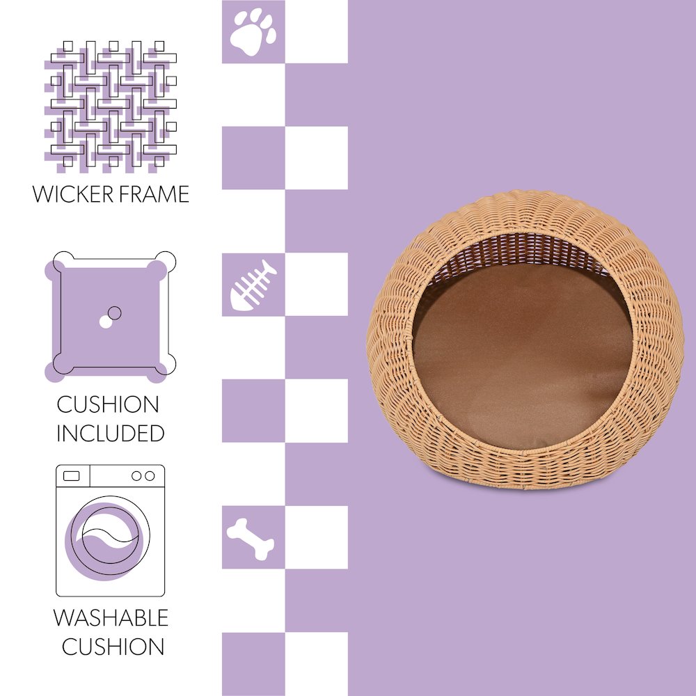 19.5" x 18" Circular Faux Wicker Pet Bed with Machine-Washable Cushion, Natural