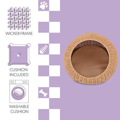 19.5" x 18" Circular Faux Wicker Pet Bed with Machine-Washable Cushion, Natural