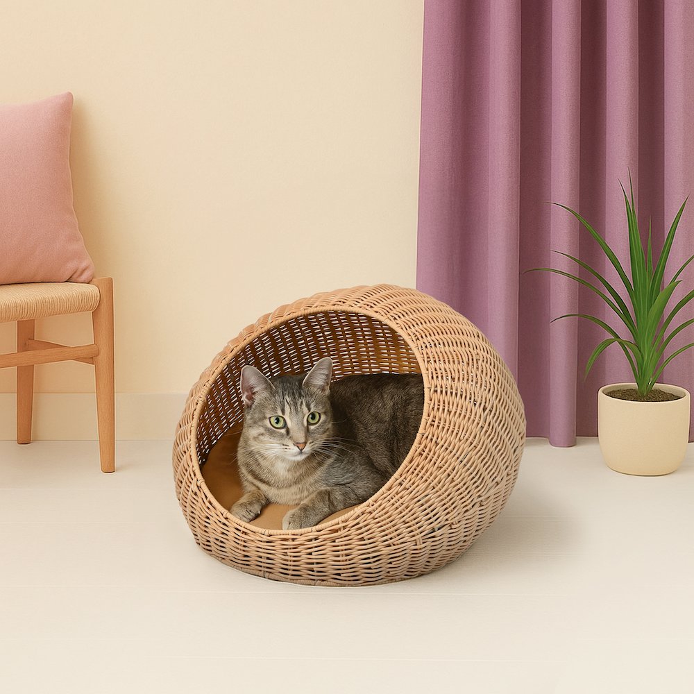 19.5" x 18" Circular Faux Wicker Pet Bed with Machine-Washable Cushion, Natural