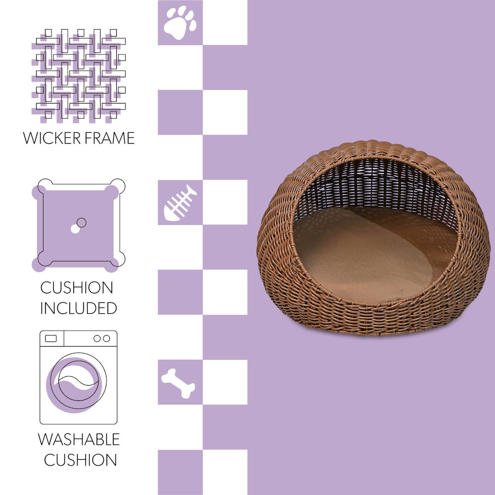 19.5" x 18" Circular Faux Wicker Pet Bed with Machine-Washable Cushion, Brown