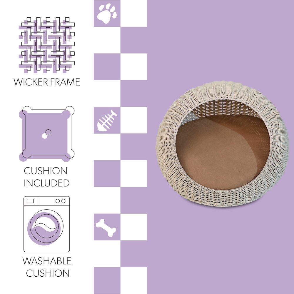 19.5" x 18" Circular Faux Wicker Pet Bed with Machine-Washable Cushion, White