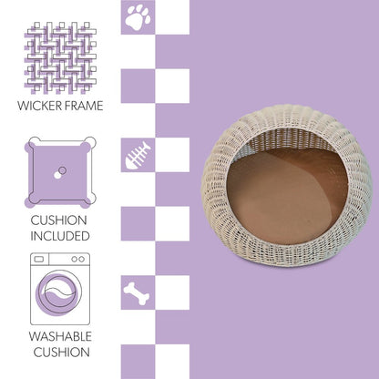 19.5" x 18" Circular Faux Wicker Pet Bed with Machine-Washable Cushion, White