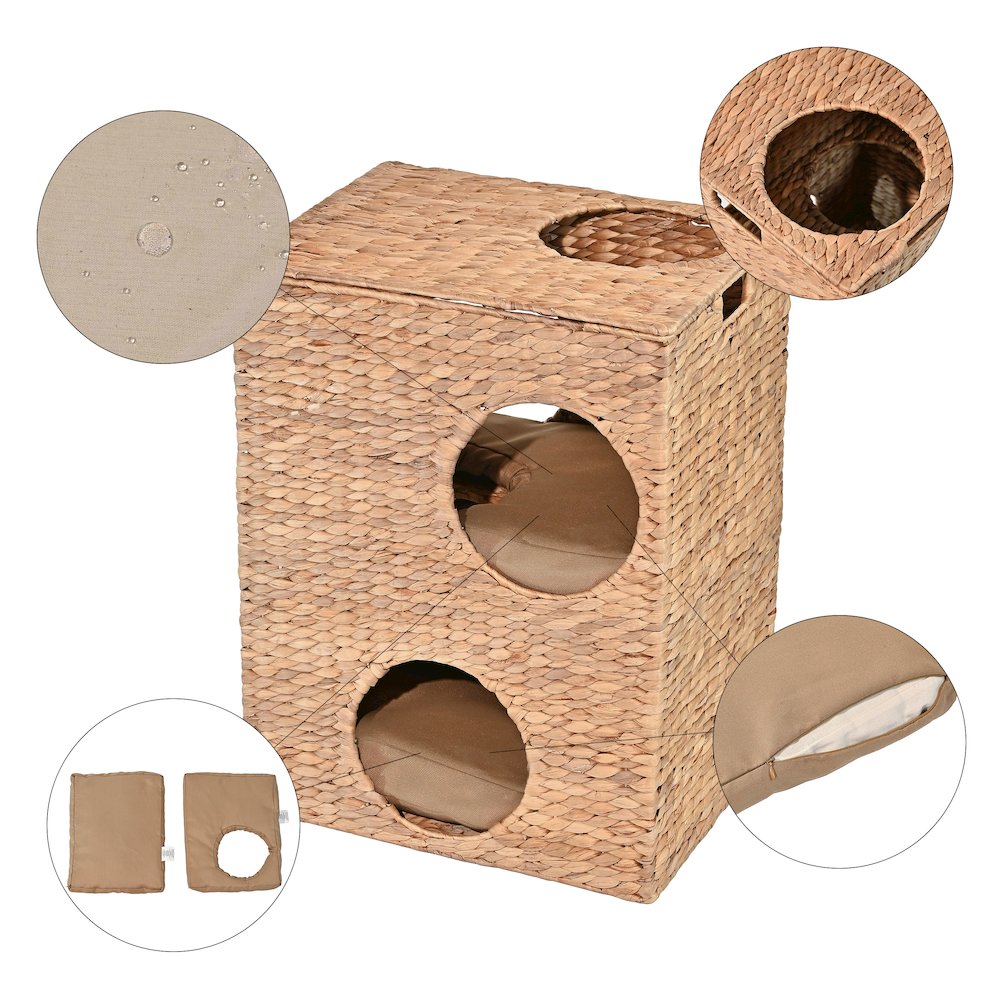 Modern Classic 2-Tier Handwoven Hyacinth Rectangular 5-Hole Cat Condo