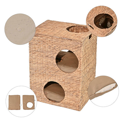 Modern Classic 2-Tier Handwoven Hyacinth Rectangular 5-Hole Cat Condo