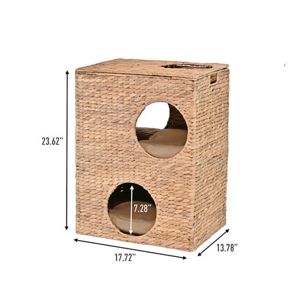 Modern Classic 2-Tier Handwoven Hyacinth Rectangular 5-Hole Cat Condo
