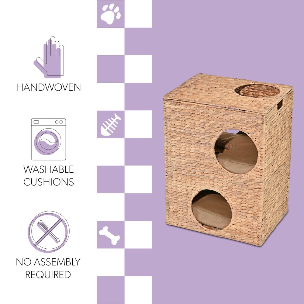 Modern Classic 2-Tier Handwoven Hyacinth Rectangular 5-Hole Cat Condo