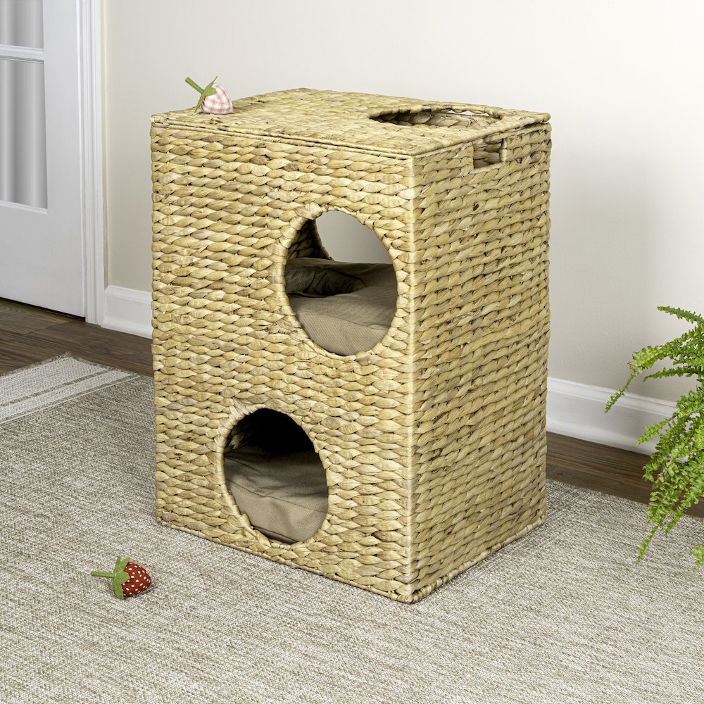 Modern Classic 2-Tier Handwoven Hyacinth Rectangular 5-Hole Cat Condo