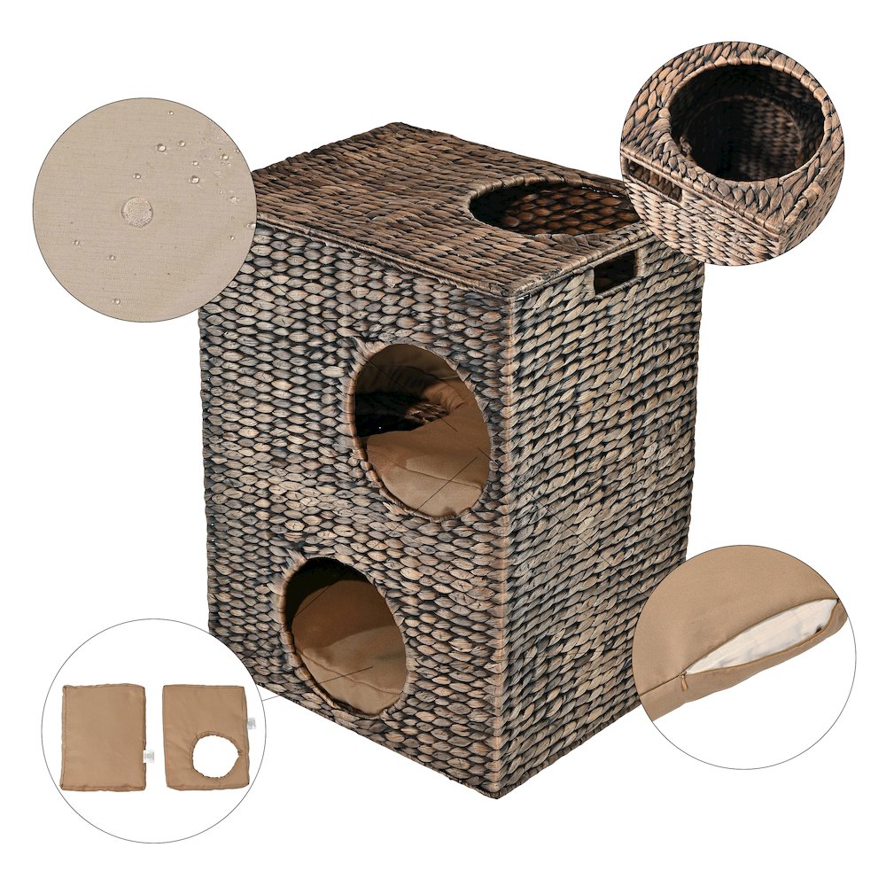 Modern Classic 2-Tier Handwoven Hyacinth Rectangular 5-Hole Cat Condo