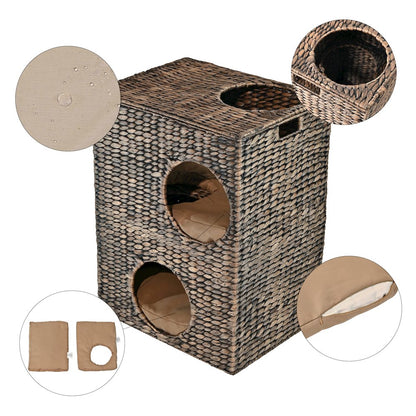 Modern Classic 2-Tier Handwoven Hyacinth Rectangular 5-Hole Cat Condo