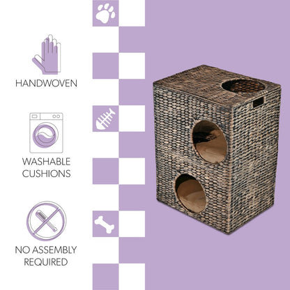 Modern Classic 2-Tier Handwoven Hyacinth Rectangular 5-Hole Cat Condo