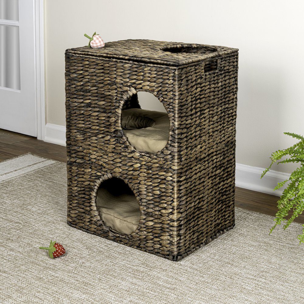 Modern Classic 2-Tier Handwoven Hyacinth Rectangular 5-Hole Cat Condo