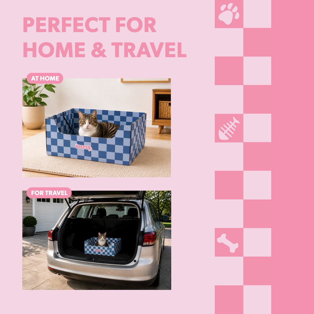 Bosco 17" Cardboard Cat Litter Box with Scoop, Navy Checker (2-Pack)