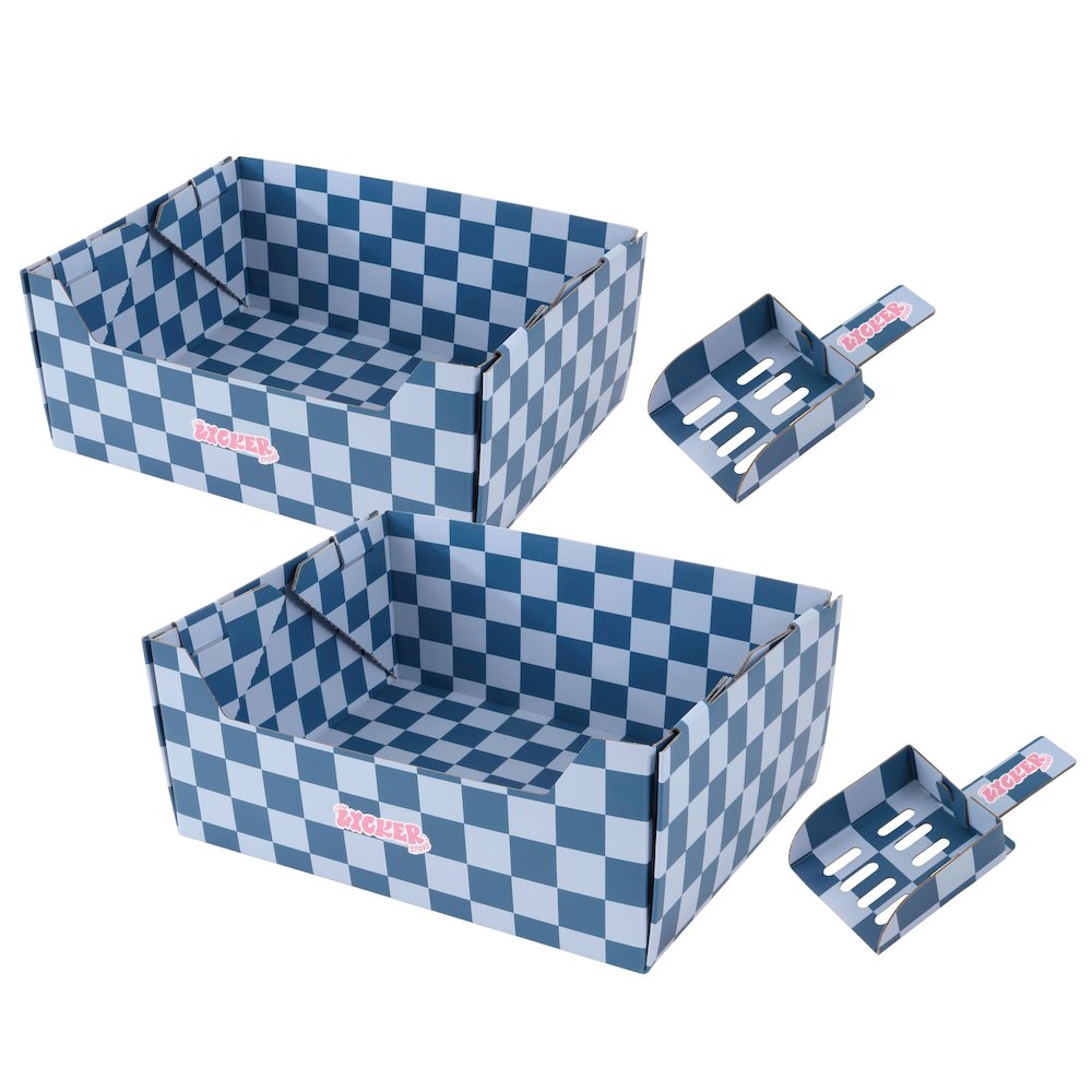 Bosco 17" Cardboard Cat Litter Box with Scoop, Navy Checker (2-Pack)