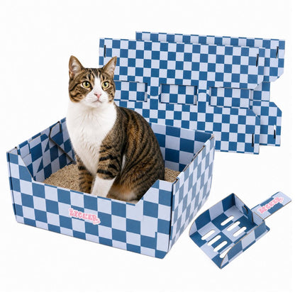 Bosco 17" Cardboard Cat Litter Box with Scoop, Navy Checker (2-Pack)